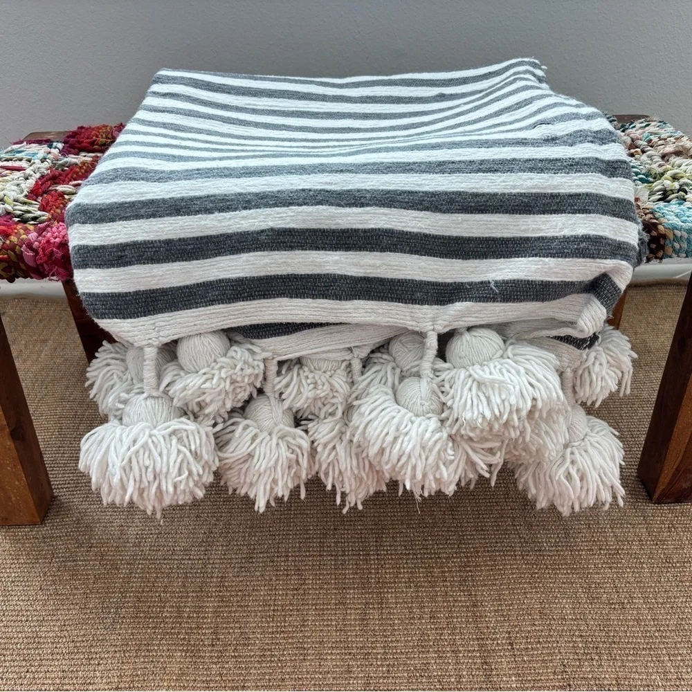 Handwoven Moroccan Soft Blanket with Pom Poms and Tassels - Boho Throw Blanket